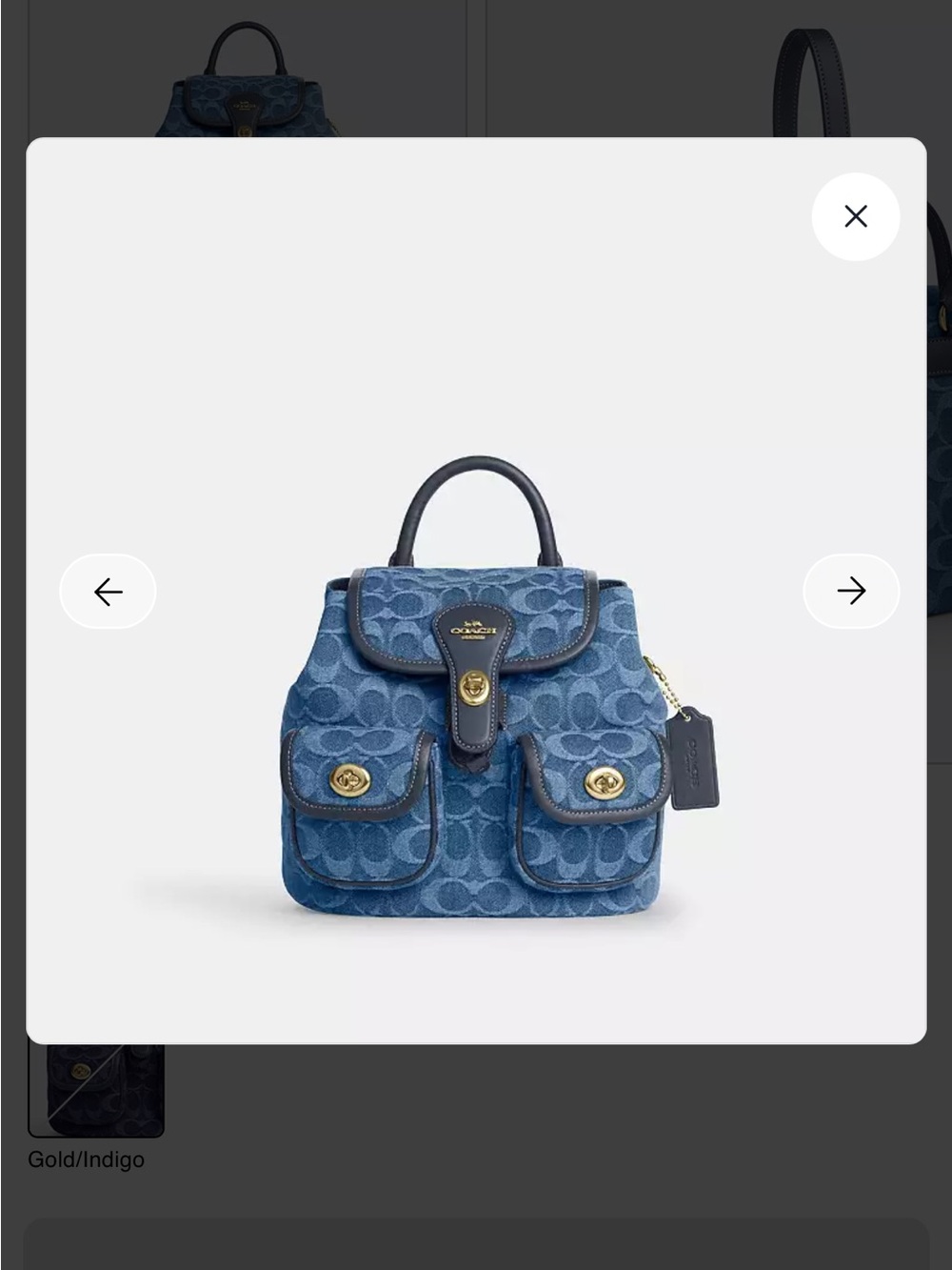 Coach Hadley backpack in Blue Signature Denim Mini Backpack with Gold Hardware